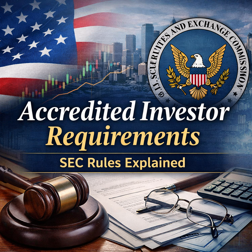 Graphic showing “Accredited Investor Requirements: SEC Rules Explained” with U.S. Capitol, gavel, financial charts, and documents.