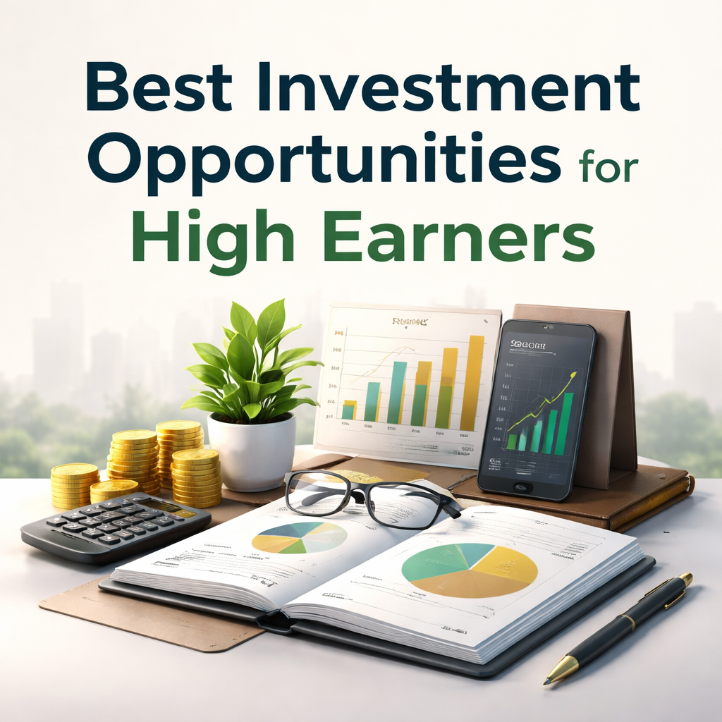 Professional illustration showing investment charts, financial reports, and digital devices on a desk, representing strategic investment planning for high earners.