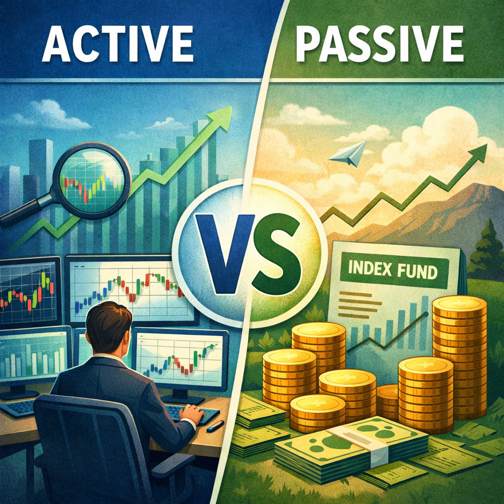 Illustration comparing active and passive investment management strategies, showing a stock trader analyzing markets versus index fund investing.
