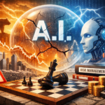 Illustration showing an AI market bubble cracking above financial charts, a chessboard, and risk management tools representing portfolio protection from AI volatility