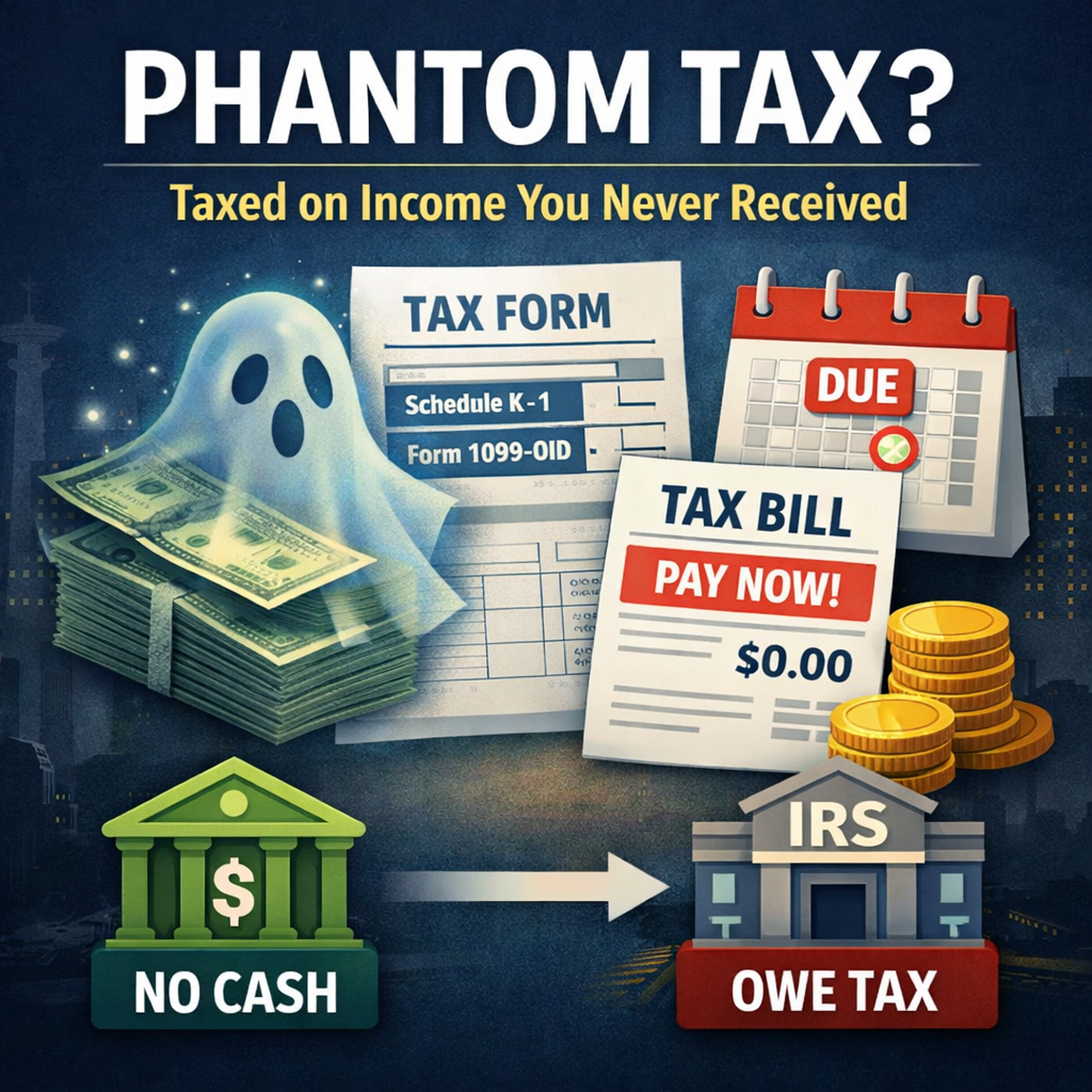 Illustration showing phantom tax, with a ghostly stack of money next to tax forms, a due date calendar, and an IRS building, representing taxes owed on income not received.