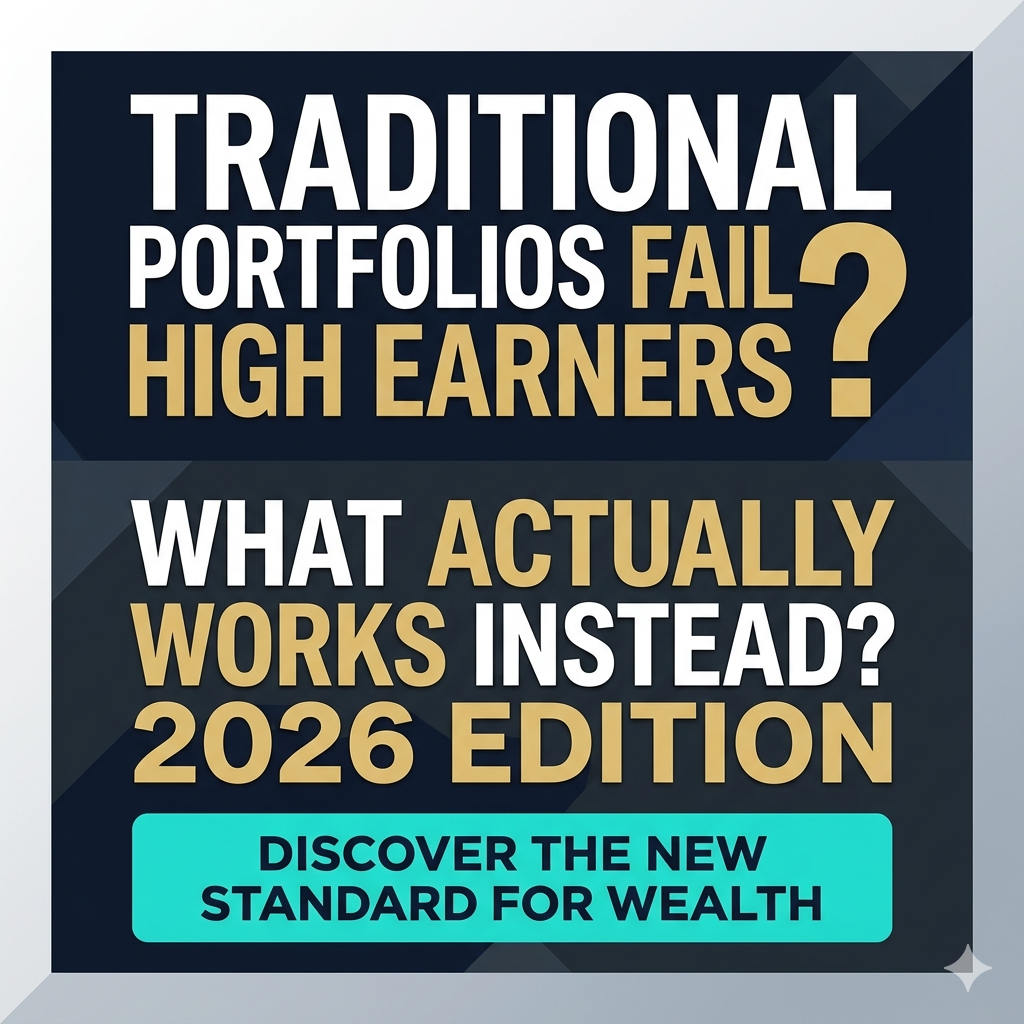 Graphic titled Traditional Portfolios Fail High Earners 2026 Edition, highlighting the shift from traditional portfolio for high income earners toward the new standard for wealth management.