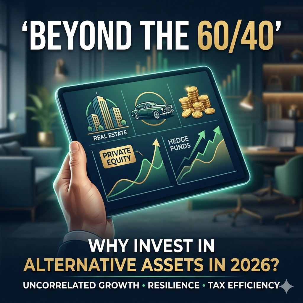 Infographic showing a diversified 2026 investment portfolio including private equity, hedge funds, and real estate as a reason why to invest in alternative assets.
