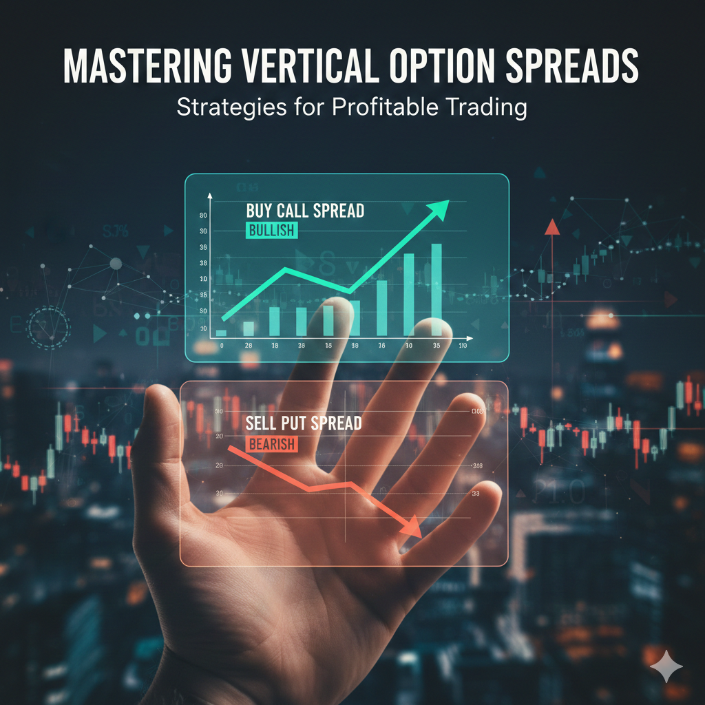 Image showing a hand interacting with holographic charts illustrating bullish buy call spreads and bearish sell put spreads, representing strategies on how to trade vertical option spreads for profitable trading.