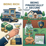 Comparison infographic showing the difference between being rich vs. financially secure, contrasting luxury status symbols with an emergency fund, savings, and debt-free financial stability.