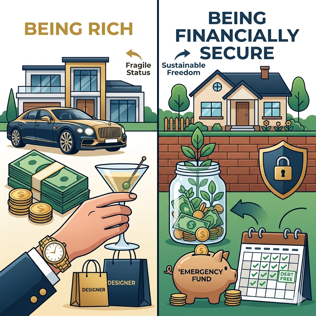 Comparison infographic showing the difference between being rich vs. financially secure, contrasting luxury status symbols with an emergency fund, savings, and debt-free financial stability.