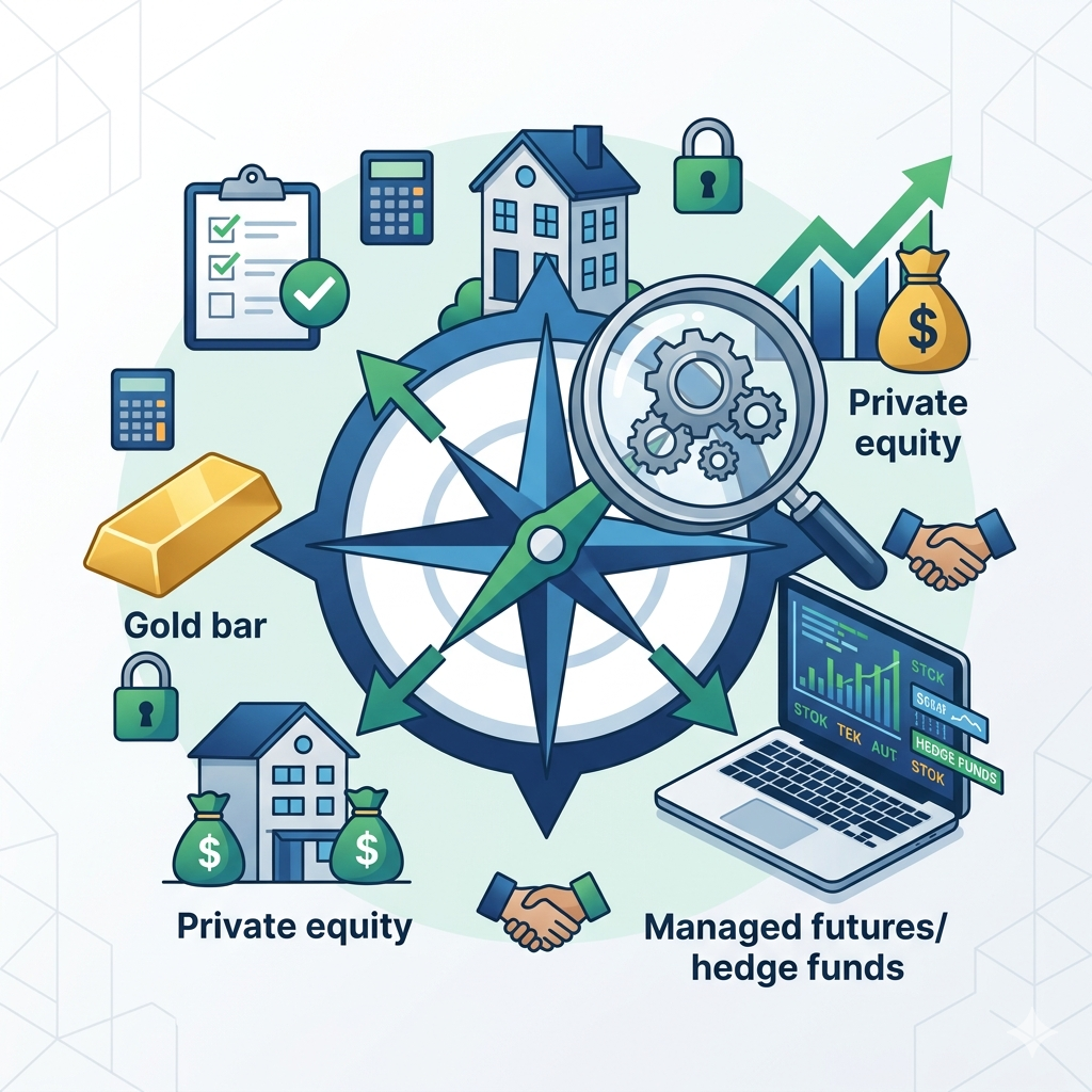 Conceptual illustration for evaluating alternative investments featuring a compass, magnifying glass, and icons for private equity, real estate, and trend trading.